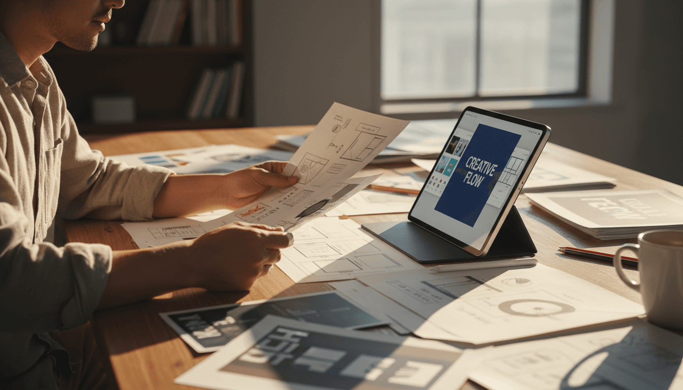 Designer reviewing mixed media including digital designs and printed materials