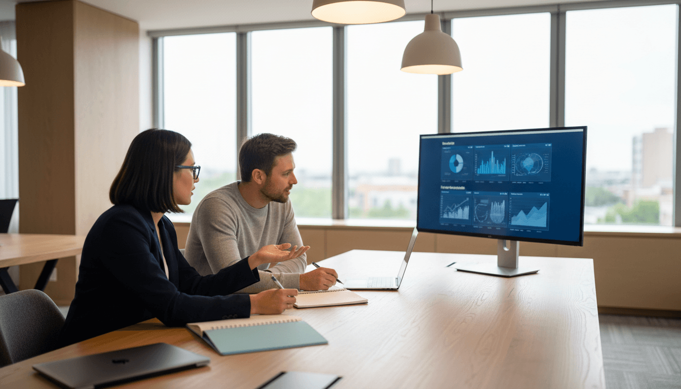 Two professionals collaborating at a desk while reviewing AI tools on laptop screens