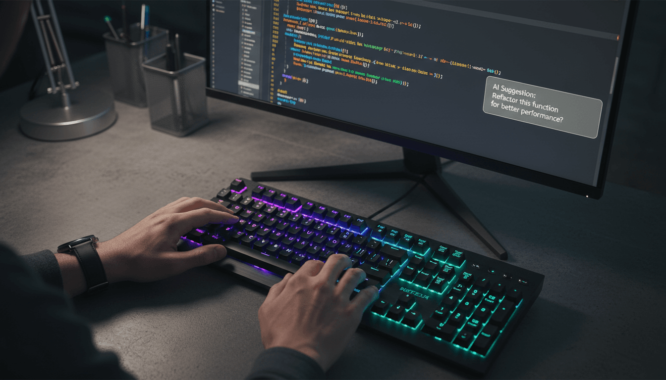 Developer typing code with AI suggestions visible on screen