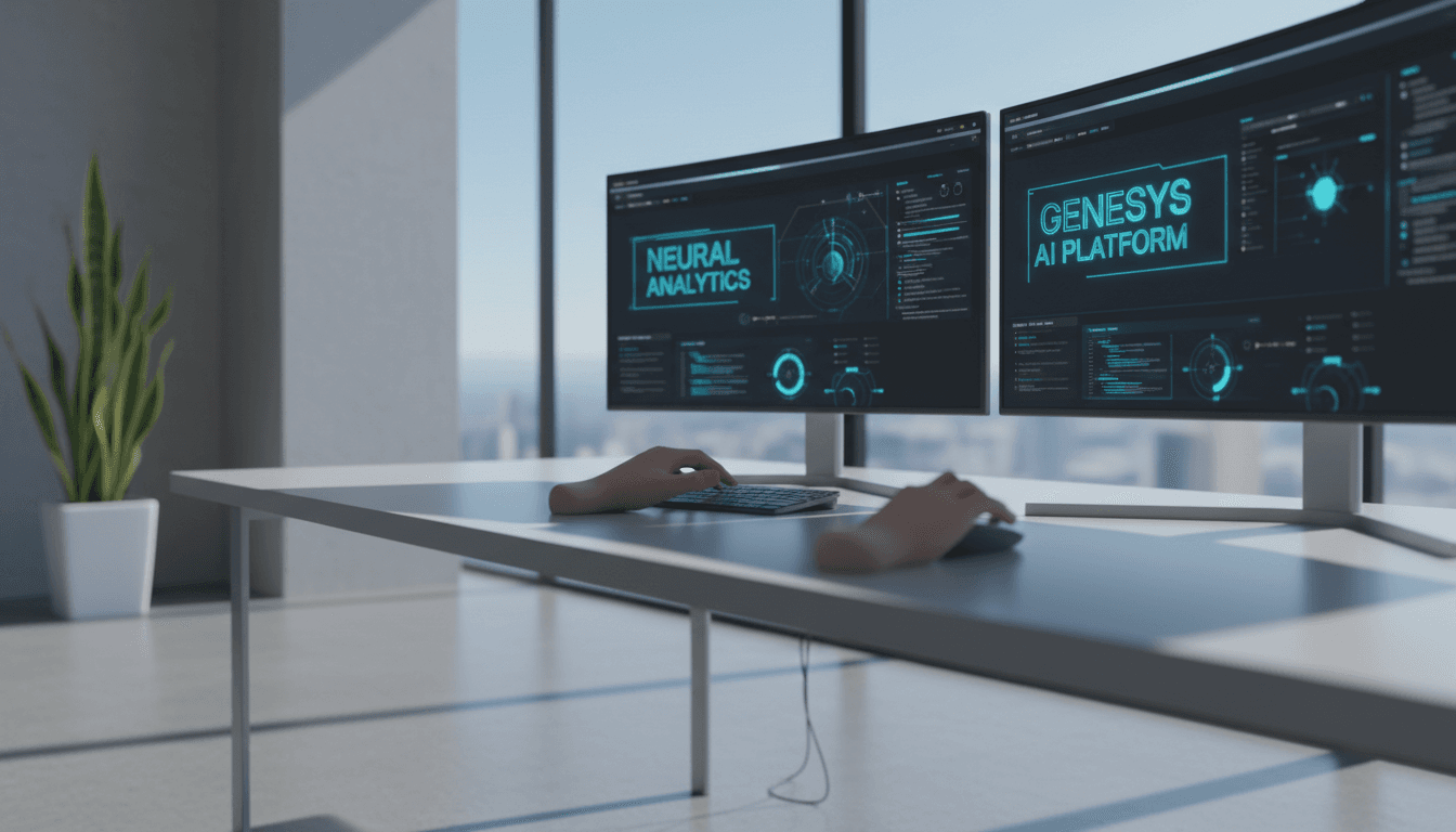 Professional workspace with monitors displaying AI interfaces and hands actively working on keyboard