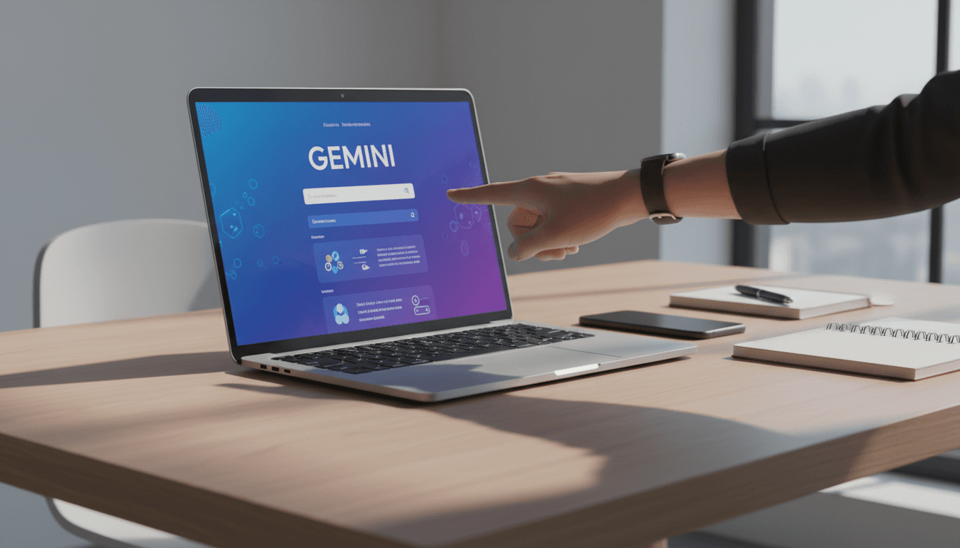 Laptop displaying Google Gemini AI interface with hand interacting with screen