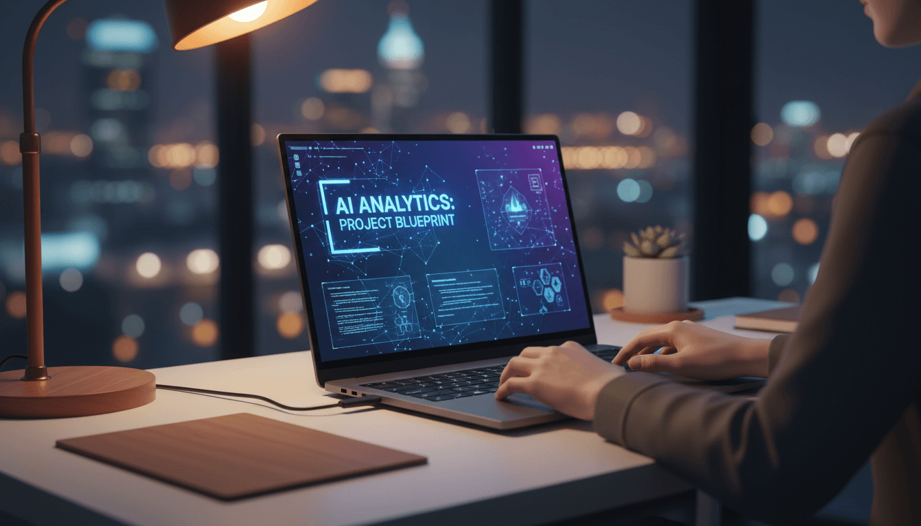 Modern workspace with laptop displaying AI interface and analytics