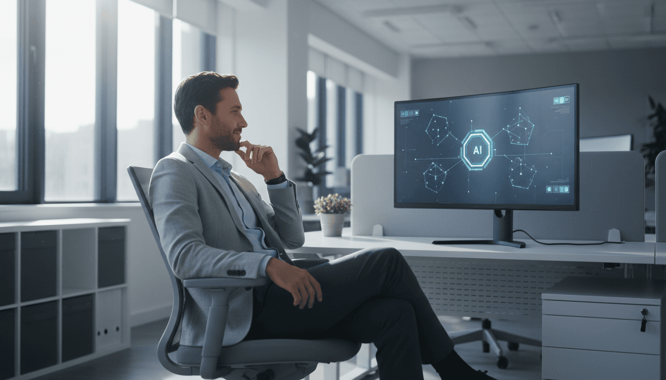 Person at desk reviewing AI search results on computer monitor