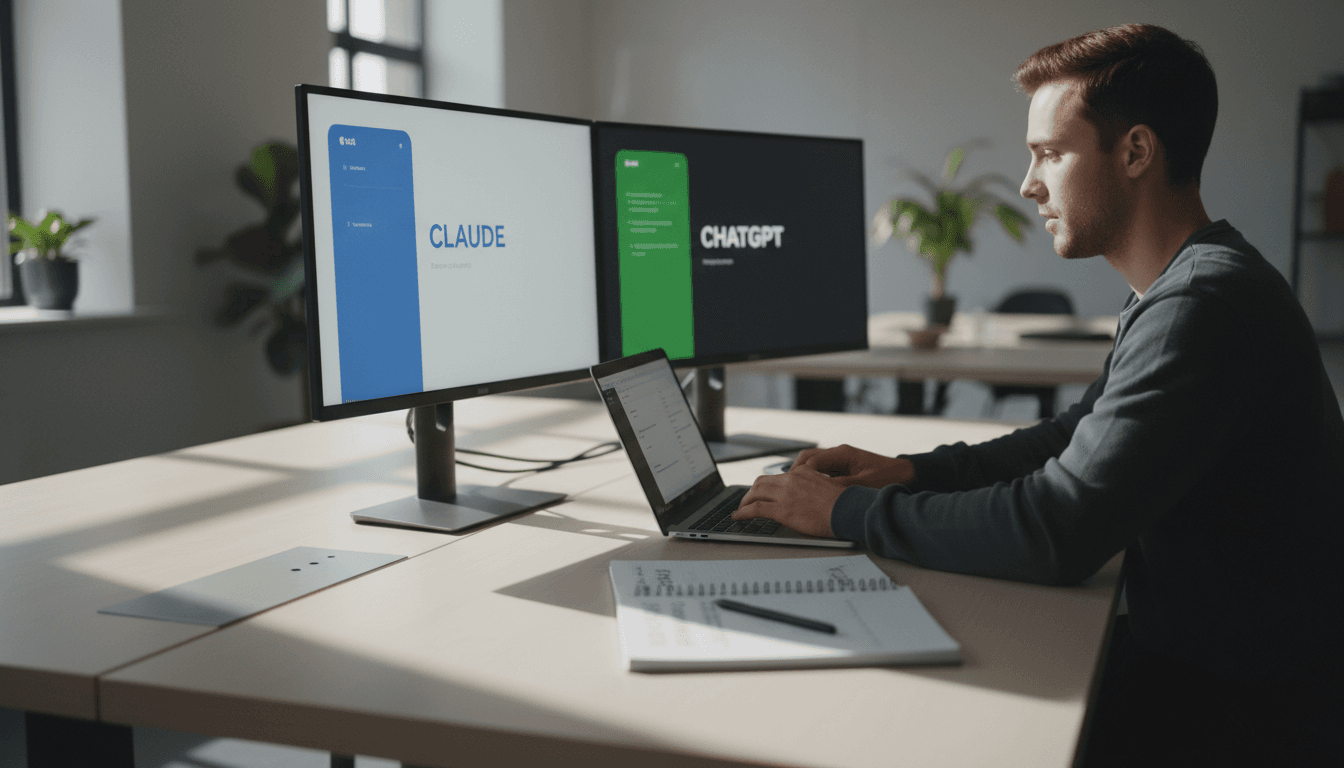 Professional comparing AI tools on dual monitors in a bright home office