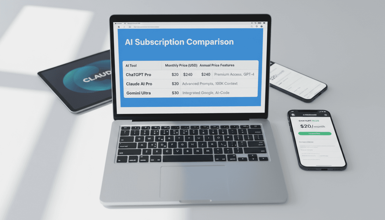 Laptop and phone displaying AI subscription pricing dashboards
