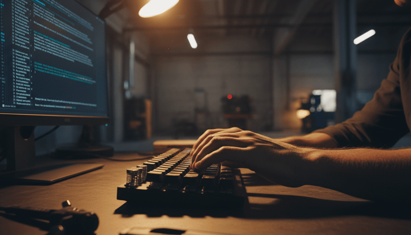 Developer hands on keyboard with code displayed on monitor screen