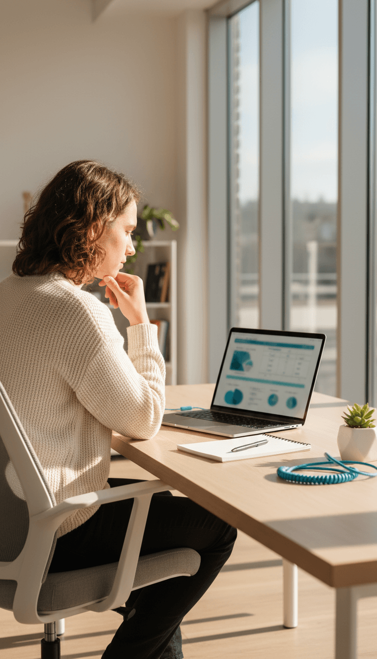 Person reviewing AI subscription comparisons on laptop with natural lighting