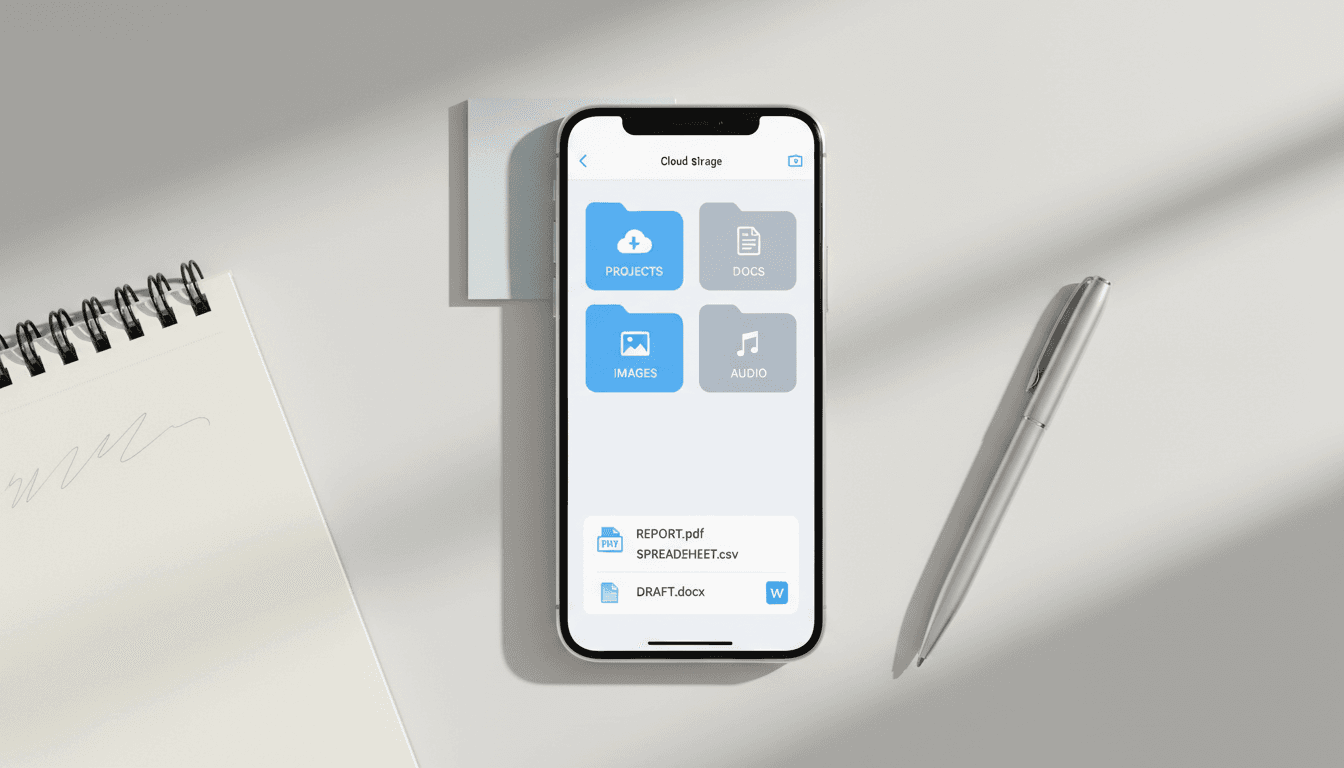 Smartphone displaying organized cloud storage interface and file management