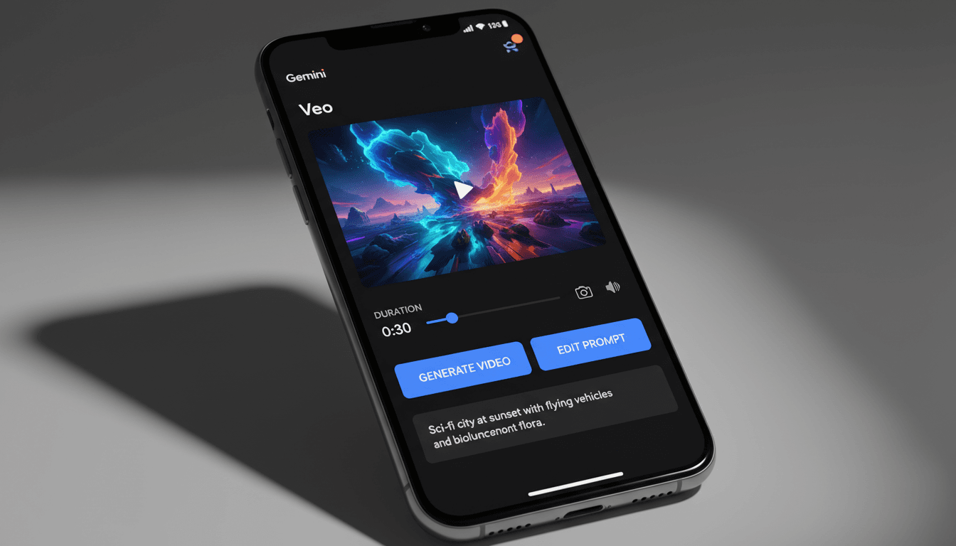 Smartphone screen showing Gemini AI Veo video generation interface