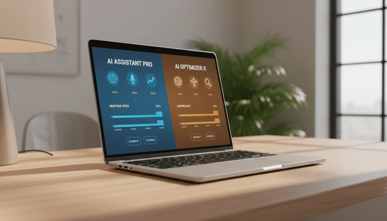 Laptop screen displaying AI comparison interface with side-by-side feature charts
