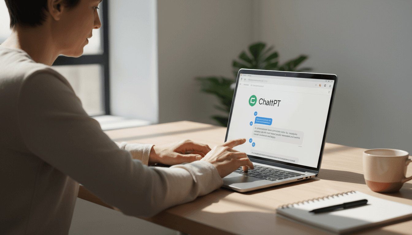 Professional working with ChatGPT on a laptop at a clean desk