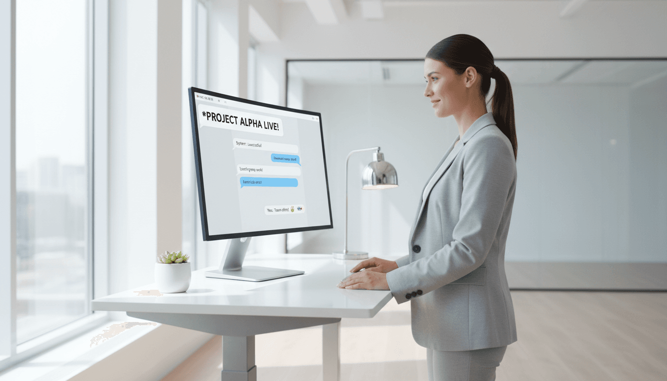 Professional working at standing desk with fast response AI chat interface