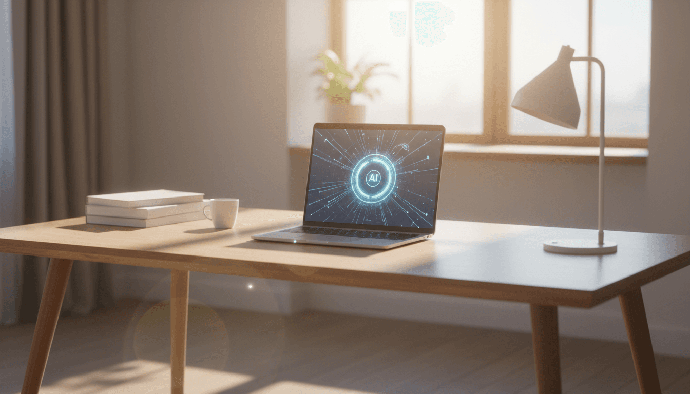 Modern workspace with laptop displaying AI search interface in soft natural light
