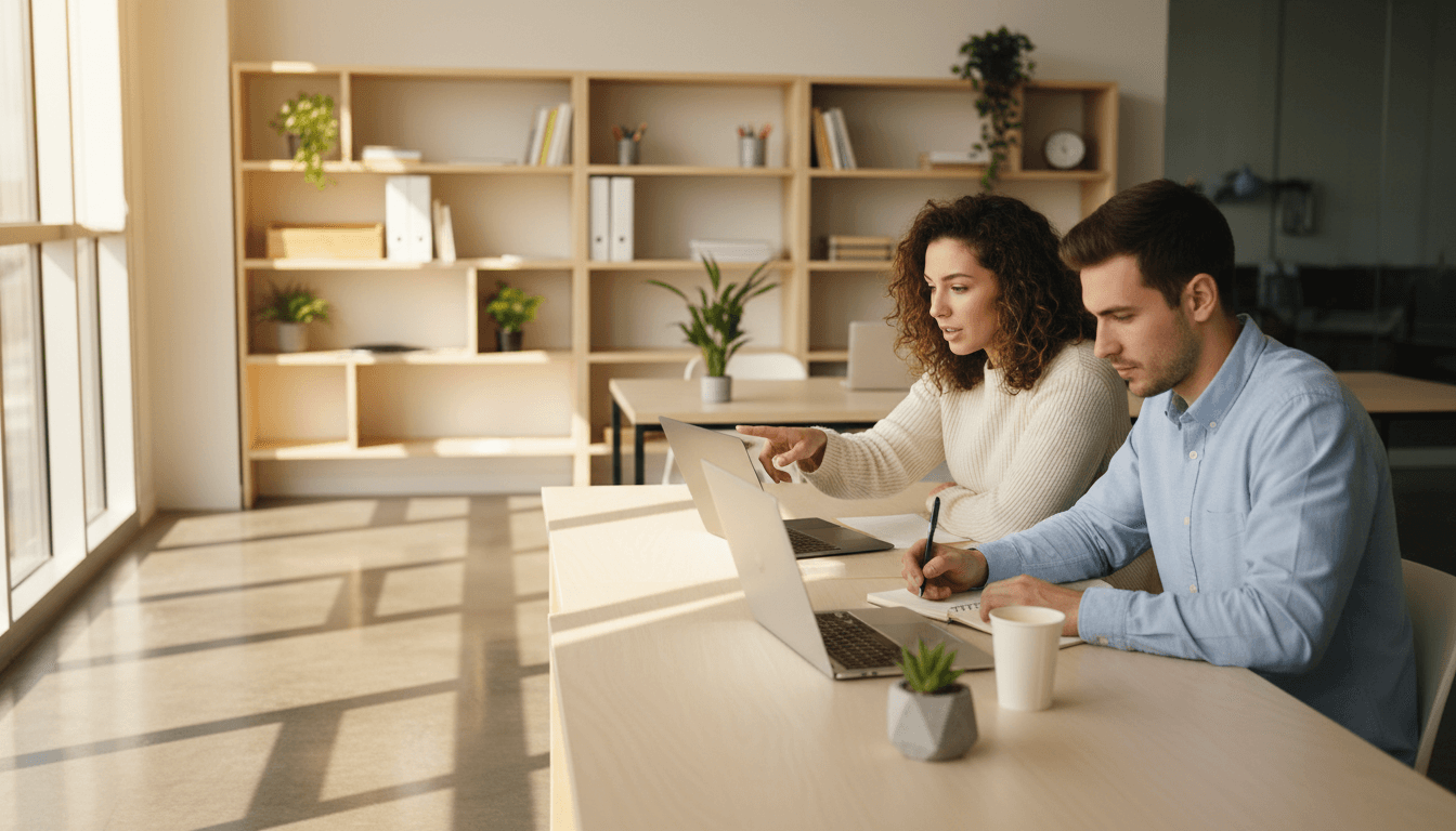 Student and freelancer collaborating at a modern desk with laptops and natural lighting