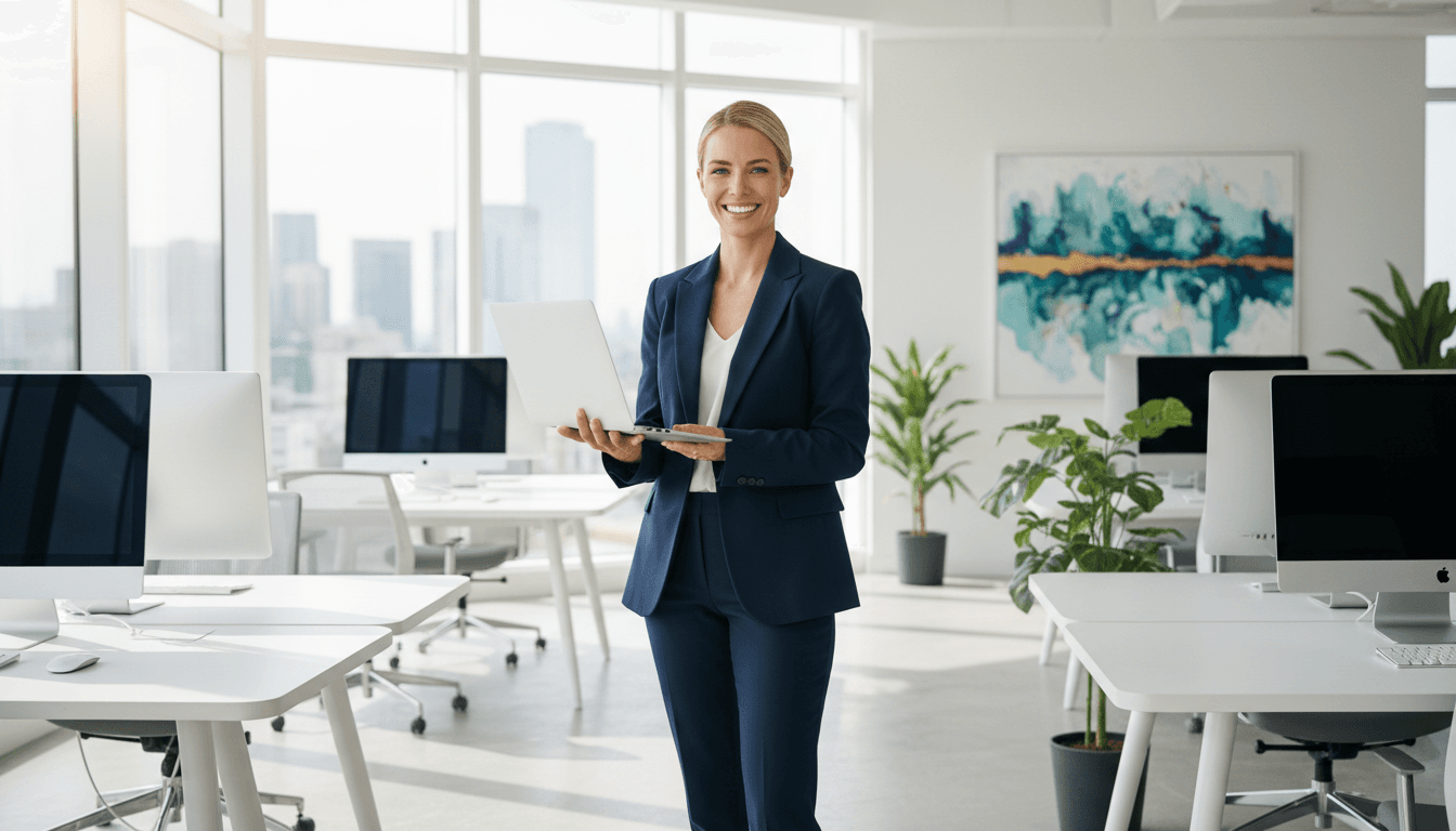 Professional working at desk with laptop