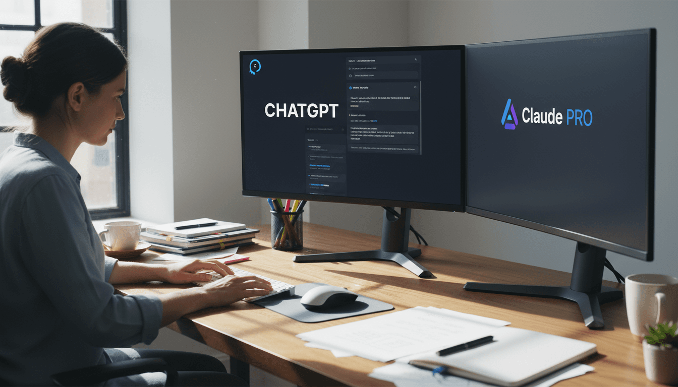 Freelancer using multiple AI tools simultaneously on dual monitors