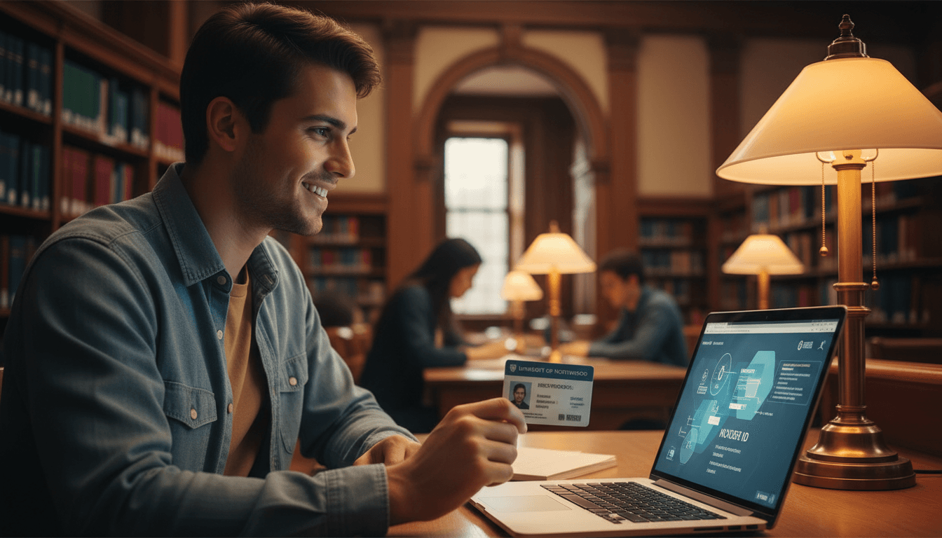 Student viewing laptop with university ID showing eligibility for AI tool discounts