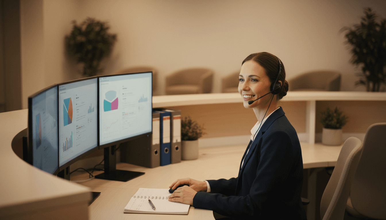 Support specialist providing customer assistance via headset in modern office