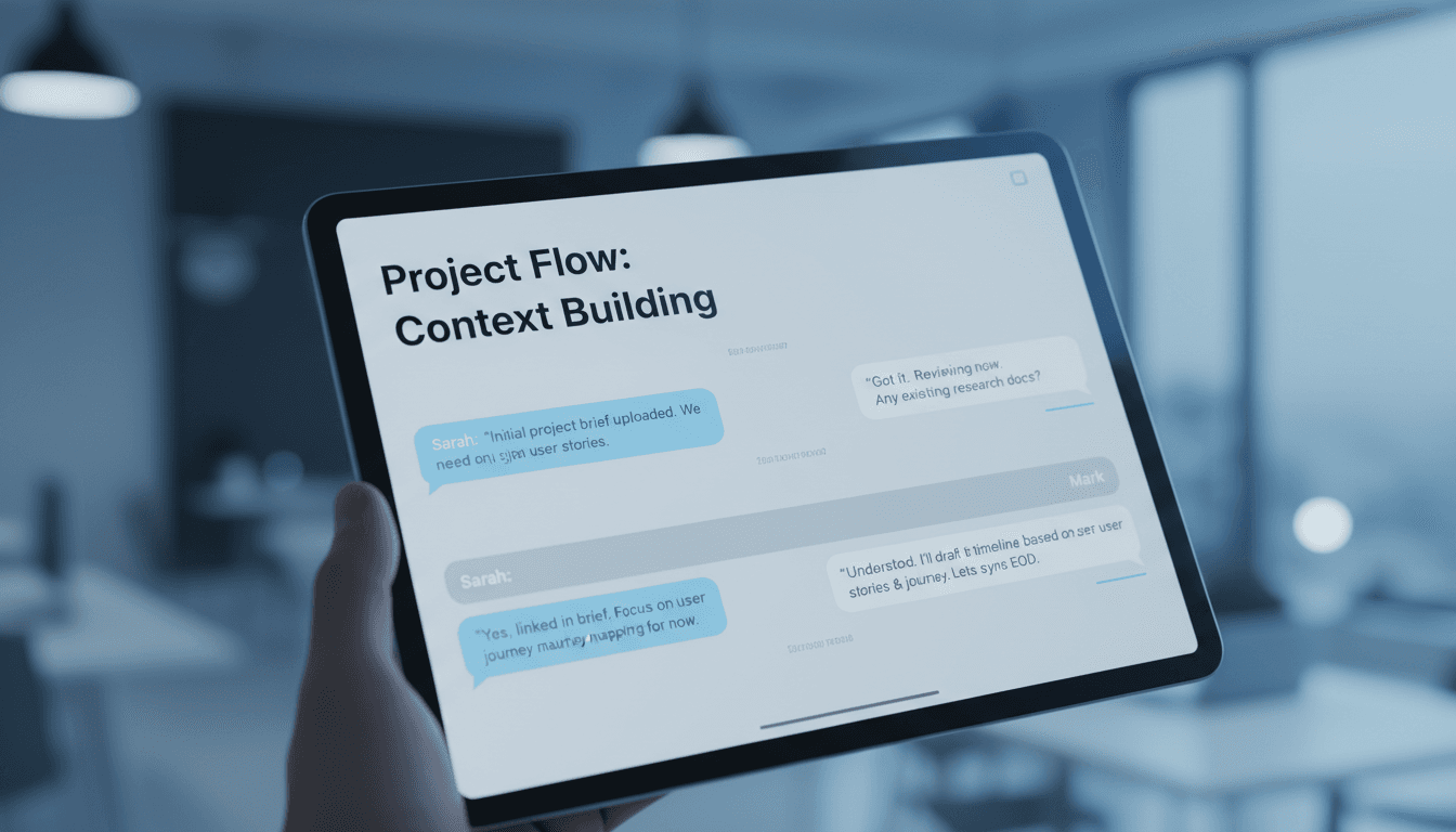Tablet displaying continuous conversation thread with message context