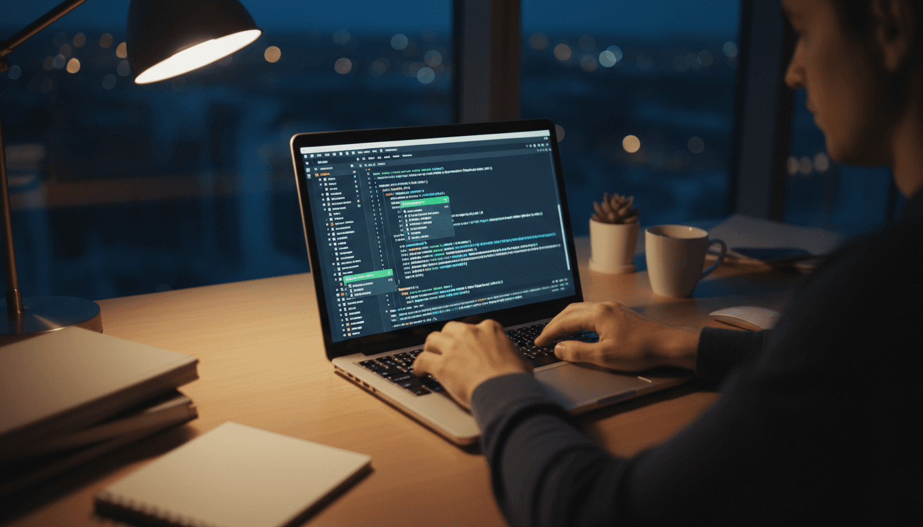 Developer coding late at night with AI assistance visible on screen