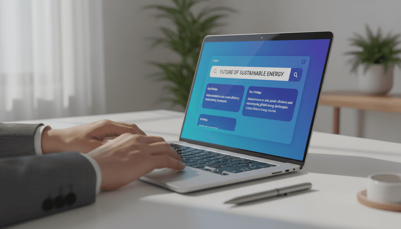 Laptop screen showing Perplexity Pro AI search interface with query results
