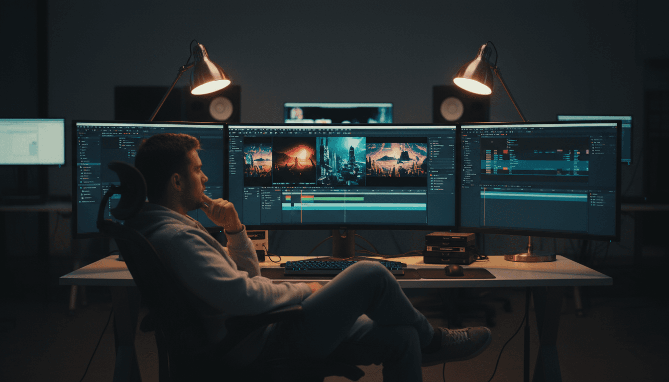Content creator reviewing AI-generated video footage on editing workstation