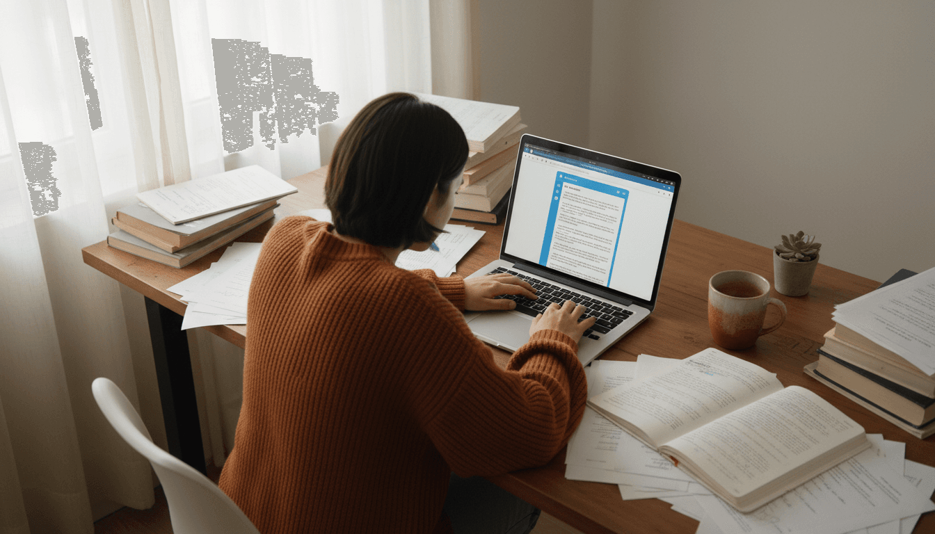 Student analyzing research documents with Claude Pro on laptop