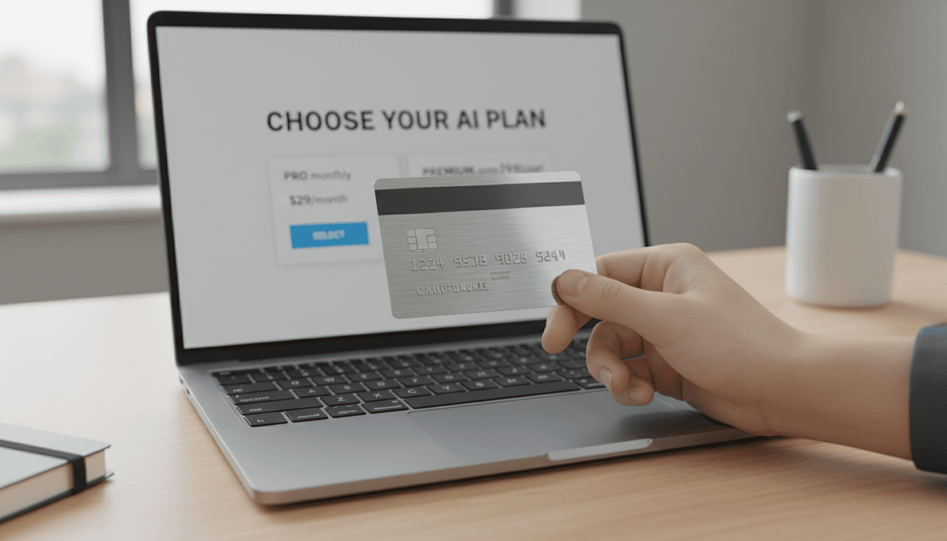 Hand selecting an AI subscription payment option on laptop