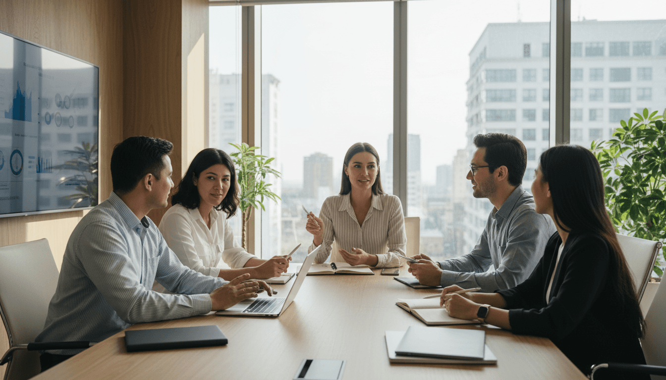 Team collaborating on business strategy in a bright modern office setting